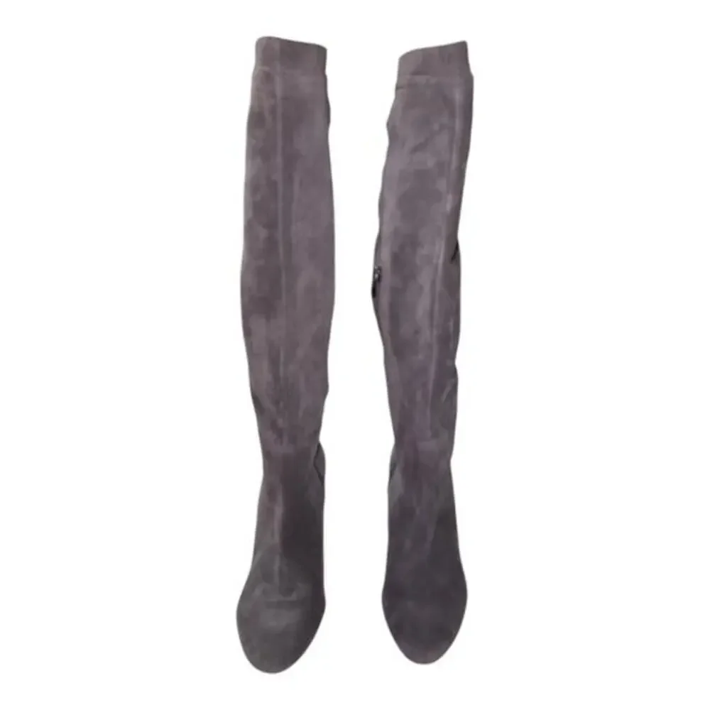 Via Spiga PArca Suede Knee High Boots‎ Buckle Heel Zip Gray Women's Size 6.5